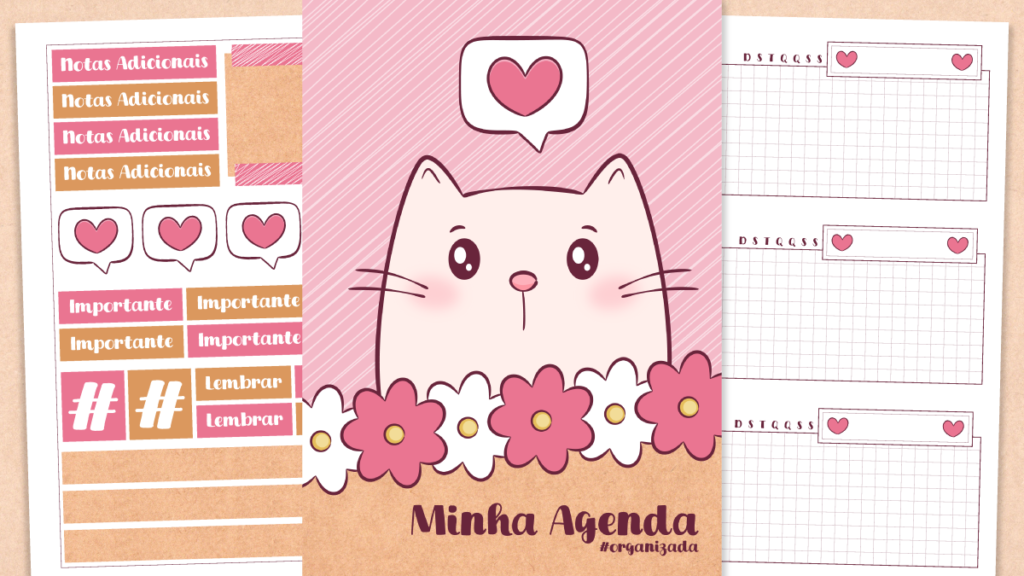 Agenda não datada tamanho A5 com ilustração de gatinho fofo e flores para imprimir grátis
